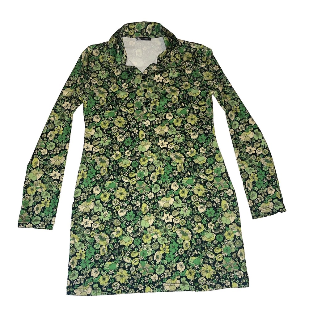 Zara Women's Floral Long Sleeve Green Dress Size M